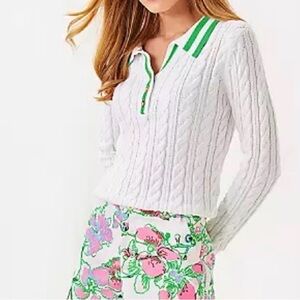 Lilly Pulitzer Suzette White Cable Knit Cardigan with Fauna Green tipping